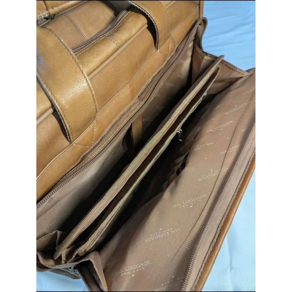 US Luggage New York Tan Leather Rolling Briefcase Wheeled Laptop Bag
